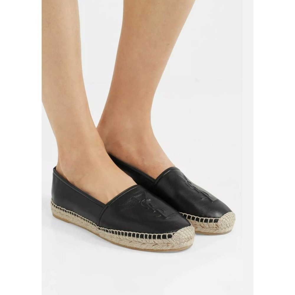Ysl Saint Laurent Women’s Logo Espadrille Black Leather Sz-10 Us/40 Eu $650
